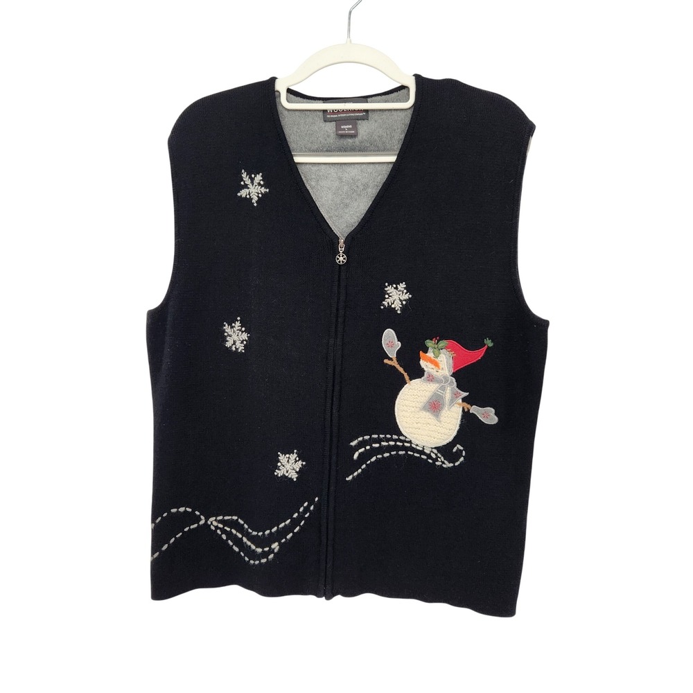 Woolrich Women's Black Snowman Christmas Holiday Sweater Vest Full Zip Size L